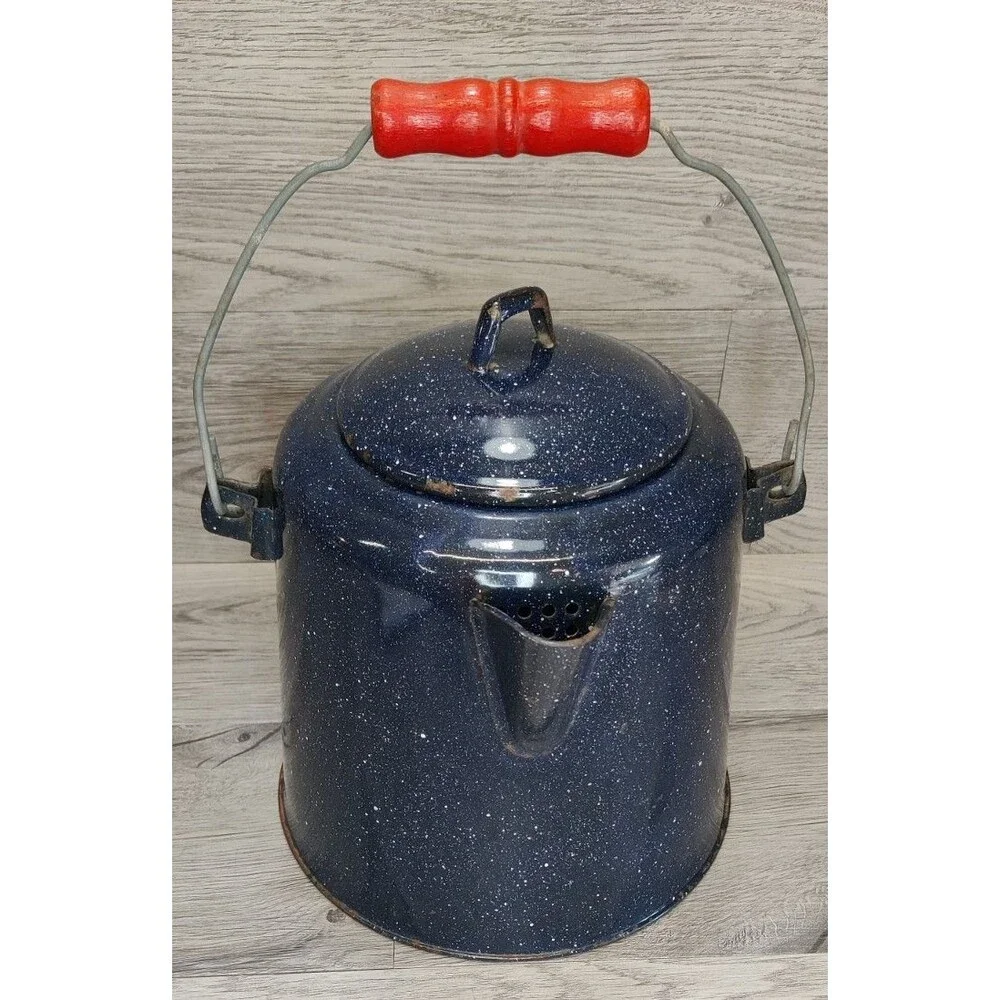Large Vintage Enamelware Dark Blue-White Speckled Cowboy Coffee Kettle Pot
